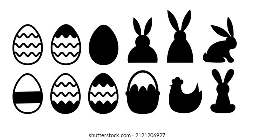 Set of Easter silhouettes. Easter bunny, Easter basket with eggs, chicken cutting files svg