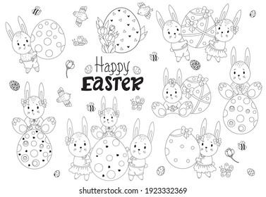 Set of Easter sketches with cute Easter bunnies. A family of bunnies with a large Easter egg, kids - a boy and a girl, Easter decor and flowers, birds and insects. Vector 