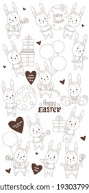 A set of Easter sketches with cute bunny boys - with a gift, with an Easter egg, with flowers, with a balloon, boxes in pants and shorts with suspenders. Vector. outline. decor for design Happy Easter