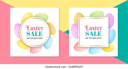 Set of Easter special offer banner templates. Spring sale concept. Bright background of colorful eggs. Vector 10 EPS.