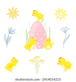 Set for Easter, spring. Cute illustrations, chickens, flowers, sun, egg. for a postcard