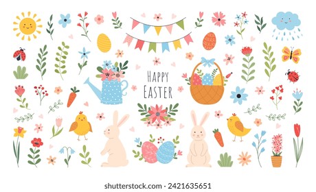 Set of Easter and Spring design elements in cartoon style. Rabbit, eggs, chicken, butterfly, tulips, flowers, branches, basket. Perfect for holiday decoration and greeting cards. Vector illustration.
