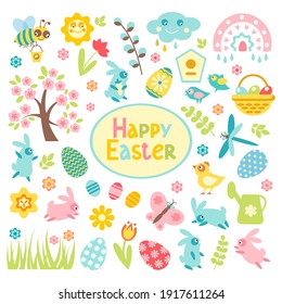 Set of Easter spring elements isolated on white background. Vector flat eggs, chicken, butterfly, rabbit, tulips, flowers, willow, branches, basket, narcissus. Design for holiday decoration, card