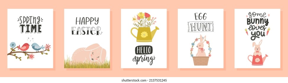A set of Easter, spring greeting cards with handwritten lettering phrases, cute rabbits, flowers, birds. Happy Easter, springtime. Vector illustrations in a cute cartoon style on a white background