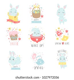 Set of easter and spring logo with cute illustrations and lettering. Cards, tags, posters, labels templates design set. Vector collection.
