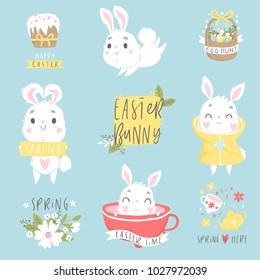 Set of easter and spring logo with cute illustrations and lettering. Cards, tags, posters, labels templates design set. Vector collection.