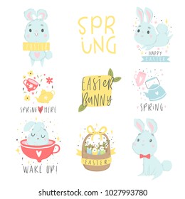 Set of easter and spring logo with cute illustrations and lettering. Cards, tags, posters, labels templates design set. Vector collection.