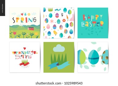 Set of Easter and Spring postcards - 6 postcards with traditional elements