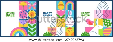 Set of Easter and spring vector square backgrounds. Flat geometric illustration with colorful eggs, bunny, rabbit and flowers on color blocks. Festive design for banner, poster, card, print
