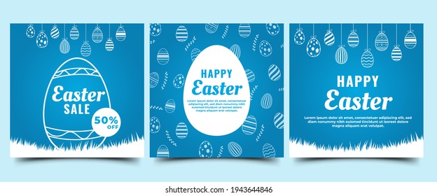 Set of Easter square banner design. Blue background with egg illustration. Suitable for social media posts, greeting cards, banners, and web internet. Vector design isolated.