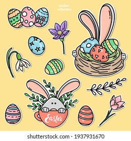 Set with Easter stickers. Basket, spring flowers, colorful eggs and rabbit ears. Colorful vector illustration. Doodle.