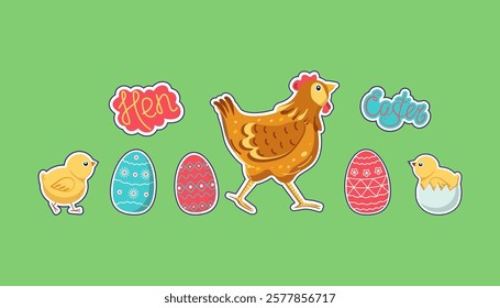 Set of Easter stickers. Cartoon chick, chicken, Easter eggs. Vector flat illustration. Isolated background.