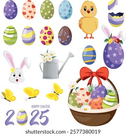 Set of Easter stickers with colored eggs, chick, rabbit and basket of eggs