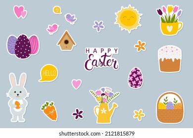 Set of Easter stickers with cute cartoon characters and lettering. Hand drawn doodle flat style 