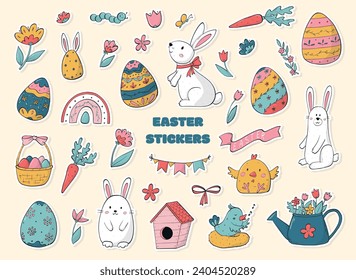 Set of easter stickers, doodles, clip art, cartoon decorative elements for prints, cards, magnets, sublimation, planners, signs, posters, etc. EPS 10