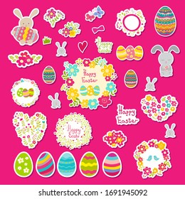 Set of Easter stickers: eggs, rabbit, flowers. Cute cartoon illustrations. Can be used for messengers, blogs, post in social society, greeting card, poster