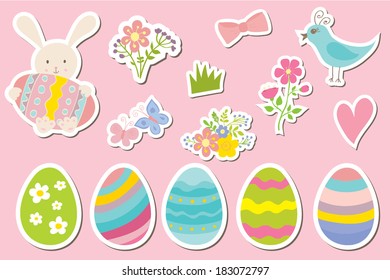 Set of Easter stickers: eggs, rabbit, flowers. Cute cartoon illustrations.