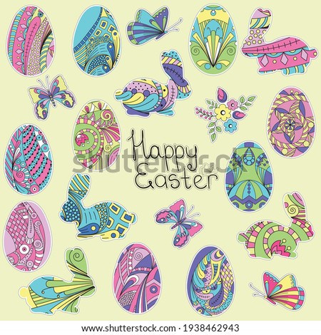 Set of Easter stickers: eggs, rabbit and flowers. Cute cartoon illustrations
