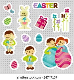 Set of easter stickers with elements like a girl, a boy, chickens, rabbit, flowers, basket, easter eggs, gift and butterflies
