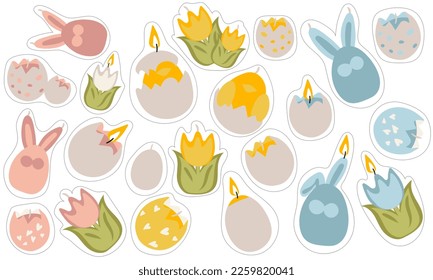Eine Reihe von Osteraufklebern in Form von Kerzen. Farbige Tulpen, Hasen, Hühner, Eier in verschiedenen Farben. Wacht Kerzen mit einem Schwanz. Osterkerzen. Verwenden Sie es für Banner, Scrapbooking. zum Bedrucken