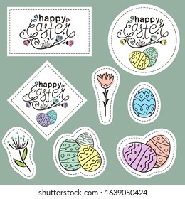 Set of easter stickers hand-drawn. Lettering of the phrase "Happy Easter", flowers, painted eggs. The vector illustration for printing and design posters and web applications.