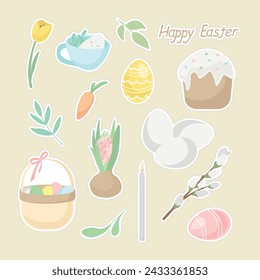Set of Easter stickers. Holiday. Celebrate. Print. Eggs, cake, hyacinth, willow, leaf, carrot, tulip. Happy Easter. Vector isolated objects. Beige background. 