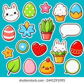 Conjunto de pegatinas de Pascua en estilo kawaii. Bonita etiqueta de Pascua llamativa, colección de etiquetas con lindo conejito, huevo, planta. Colección de pegatinas de moda con personajes de dibujos animados. Ilustración vectorial EPS8
