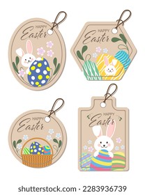 Set of Easter stickers, labels. Cute Easter Bunny with eggs and flowers. Postcards, stickers, cartoon childish style, vector