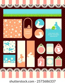 Set of Easter stickers and seamless pattern in warm retro style. Cute eye-catching tag, label with bunny, easter egg, grass and flower. Collection of cozy sticker. Vector illustration EPS8