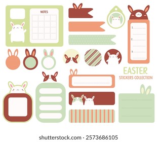 Set of Easter stickers in warm retro style. Cute eye-catching tag, label with bunny. Collection of cozy decor elements for scrapbooking. Vector illustration EPS8