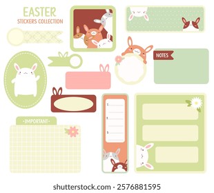 Set of Easter stickers in warm retro style. Cute eye-catching tag, label with bunny. Collection of cozy decor elements for scrapbooking. Vector illustration EPS8