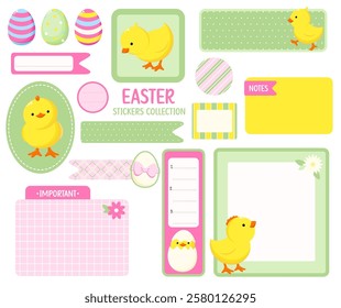 Set of Easter stickers in warm retro style. Cute eye-catching printable bookmark, tag, label with chicken. Collection of cozy holiday decor elements for scrapbooking. Vector illustration EPS8