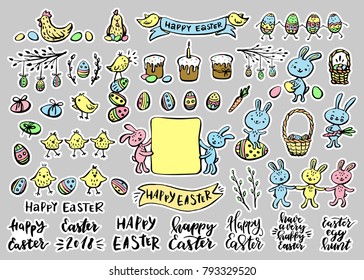 Set of Easter stickers.Hand drawn illustration with eggs, rabbits, chickens, Easter cakes, lettering.