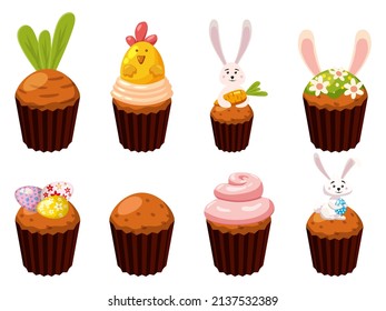 Set of Easter sweets cupcakes, eggs, bird, bunny, candies, cake. Collection sweet food