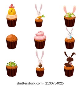 Set of Easter sweets eggs, cupcake, bird, bunny, candies, cake. Collection sweet food, chocolate rabbit