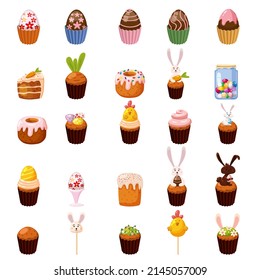 Set of Easter sweets eggs, cupcake, bird, bunny, candies, cake, lollipops, candy jar. Collection sweet food, chocolate rabbit