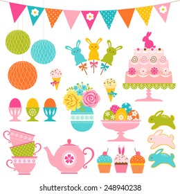 Set of Easter sweets, Easter eggs and party decorations.