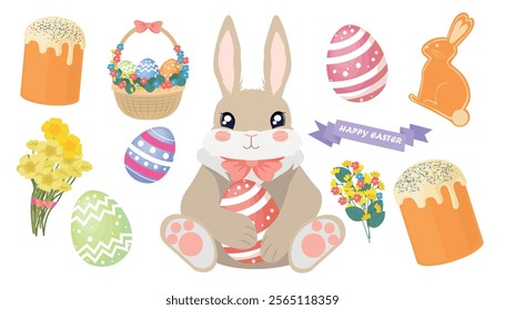 Set of Easter symbols in cartoon style. Vector illustration, cute rabbit, Easter pastries, cookies, basket with eggs, plants, bouquets of flowers, painted Easter eggs isolated on white background.