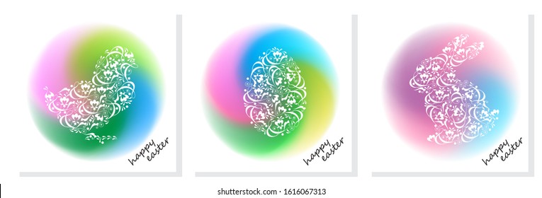 set of Easter symbols. silhouette of a chicken, rabbit, egg from vignettes on a multicolored background gradient background that imitates watercolor. happy Easter inscription. vector illustration