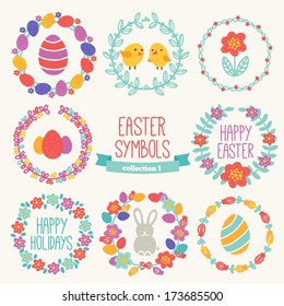 Set of Easter symbols - wreaths, eggs, rabbit, chickens. Perfect for greeting cards and postcards