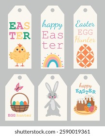 Set of Easter tags with bunnies, chicks and Easter eggs in baskets. Vector illustration with the inscription Egg hunt, happy Easter
