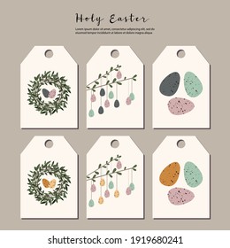 Set of Easter tags. Cute easter egg, nest, branch and leaves. Eco decoration. Vector flat cartoon illustration. Perfect for poster, print, card, invitation, greeting, tag