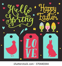 Set of Easter tags. Cute, trendy design elements for different decor. Lettering sing - Hello spring, happy easter, love. Happy Easter design elements set with cute bunny, eggs, chicken, lettering. 