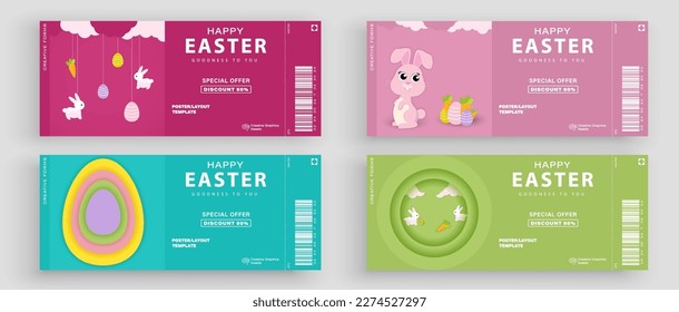 Set of Easter ticket. Easter background with eggs and rabbit. Vector illustration for poster, greeting cards, booklets, promotional materials, website