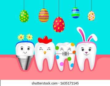 Set of Easter tooth character design with Easter eggs. Funny dental cartoon. Happy Easter holiday concept. Illustration.