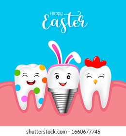 Set of Easter tooth character design. Funny dental cartoon. Happy Easter holiday concept. Vector Illustration isolated on white background.