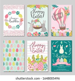 Set of Easter typography greeting cards, banner, poster templates in hand drawn scandinavian style. Vector cute animal illustration, easter bunny rabbits, easter eggs, flowers, basket and florals