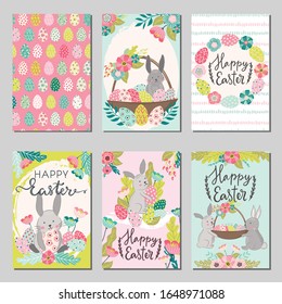 Set of Easter typography greeting cards, banner, poster templates in hand drawn scandinavian style. Vector cute animal illustration, easter bunny rabbits, easter eggs, flowers, basket and florals