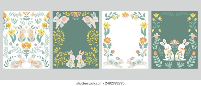 Un conjunto de tarjetas de Vector de Pascua en estilo popular con conejos y patrones botánicos, perfecto para saludos de vacaciones, decoraciones festivas, etiquetas de regalo y artesanías de temporada. 