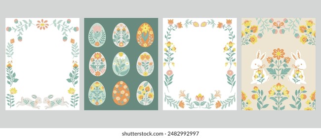 A set of Easter vector cards in folk style featuring bunnies and botanical patterns, perfect for holiday greetings, festive decorations, gift tags, and seasonal crafts. 